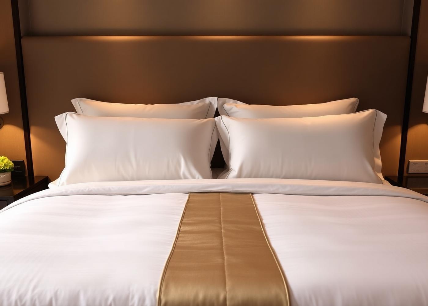 Luxury hotel bed styled with an elegant gold bed runner