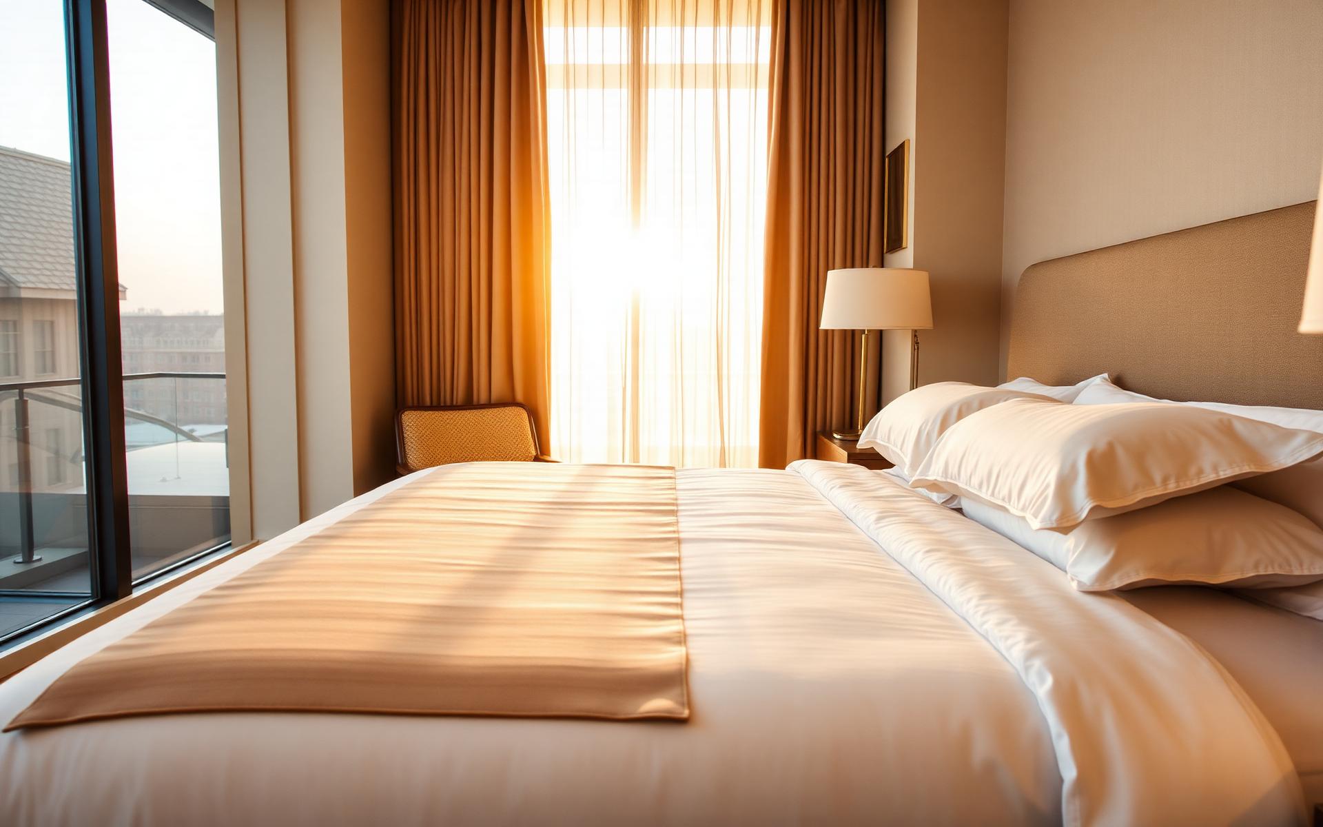 Luxury hotel bed dressed in premium linen with silk bed runner at sunrise