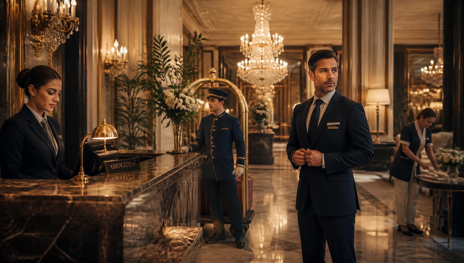 Luxury hotel lobby with staff in elegant uniforms