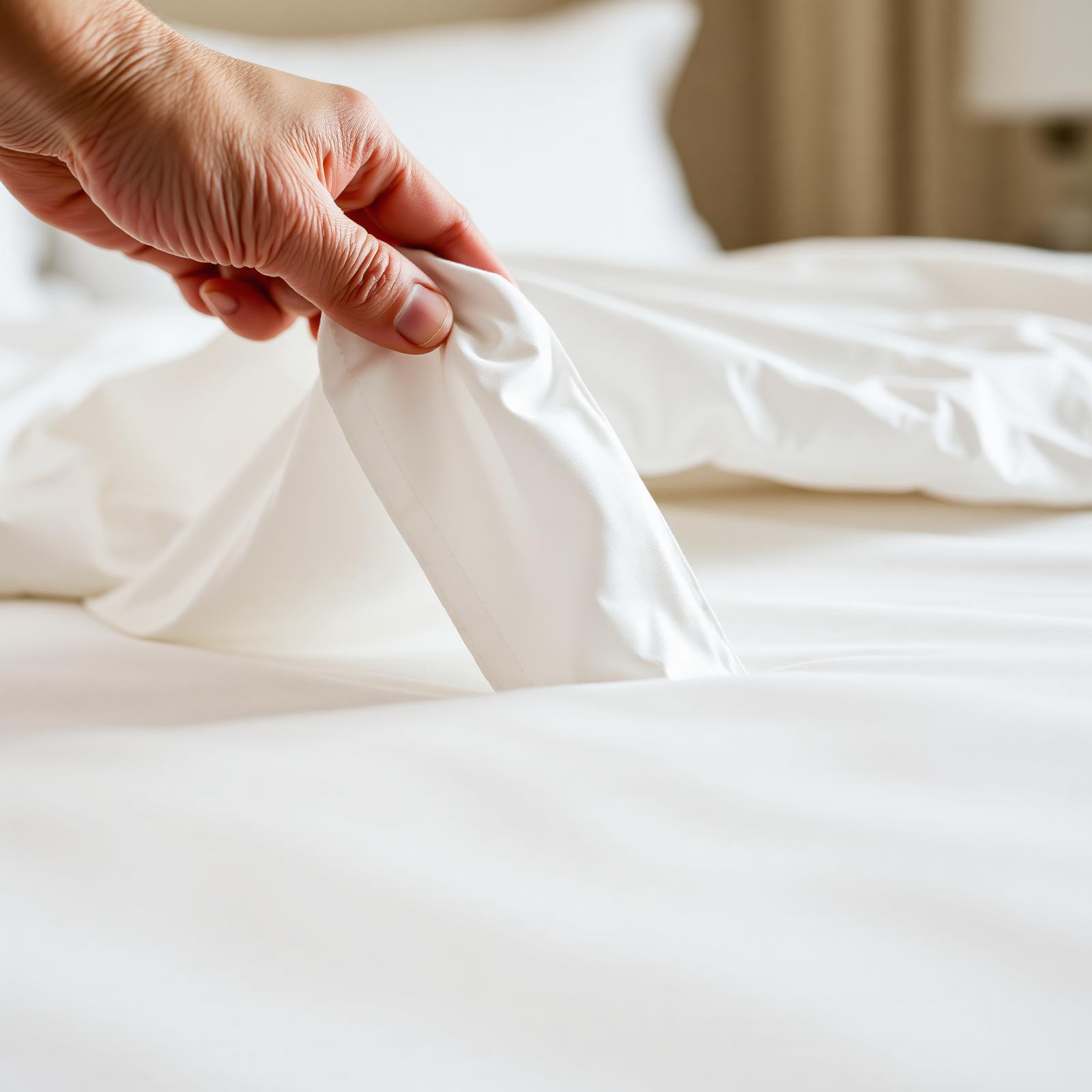 Hands smoothing crisp luxury bed linen